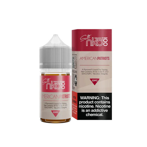 NKD 100 Salt American Patriots tobacco e-liquid 30ml bottle and box with 35mg nicotine