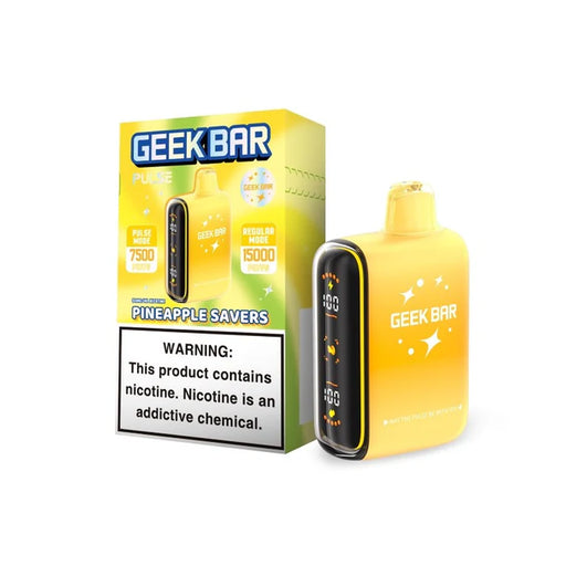 Yellow Geek Bar PULSE 15K Savers Edition disposable vape with Pineapple Savers flavor packaging.