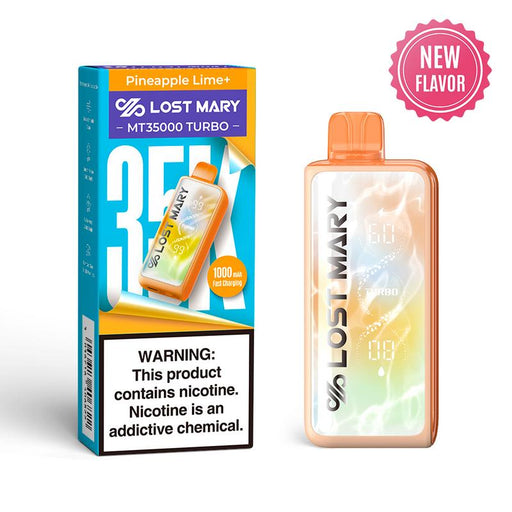 Lost Mary MT35000 Turbo Pineapple Lime+ disposable vape, orange device with display and packaging.