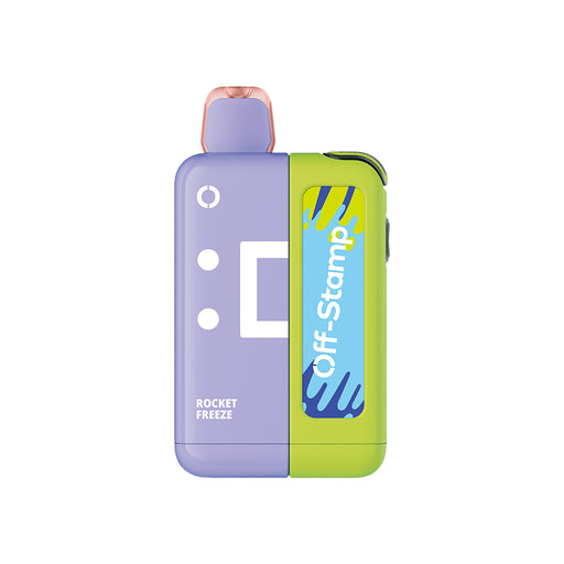 Off Stamp X-Cube Classic Kit, Texas Only vape, purple side with ROCKET FREEZE, green side with Off-Stamp logo.
