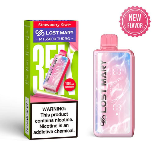 New pink Lost Mary MT35000 Turbo disposable vape, Strawberry Kiwi+ flavor, with display and packaging.