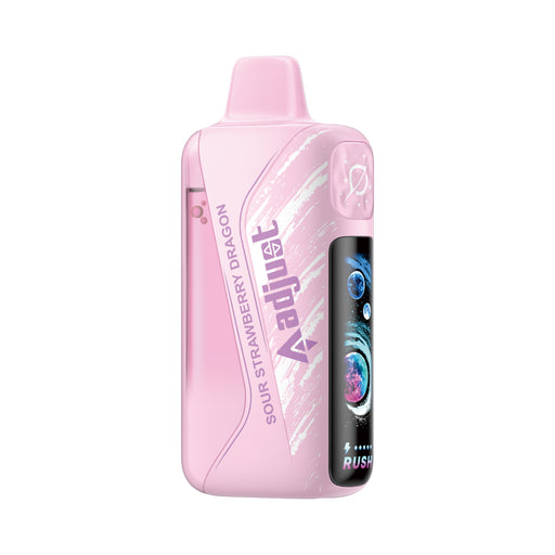 Pink Adjust myrusher disposable vape with Sour Strawberry Dragon flavor and cosmic graphics.